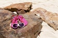 Pink flip flop shoes and Fashion sunglasses on the rock of beach. Summer Concept Royalty Free Stock Photo