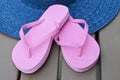 Pink Flip Flops and Blue Straw Hat Royalty Free Stock Photo