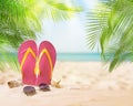 Pink flip flops, starfish, sea shell and sunglasses on sandy beach near sea Royalty Free Stock Photo