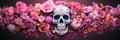 Pink floral azure skull design on dark pink background banner dia de los muertos