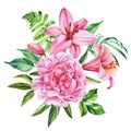 Pink floral set. Peony, leaves and lily flower isolated white background. Hand drawn watercolor botanical illustration Royalty Free Stock Photo