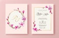 Pink floral wedding invitation card. Vector. Magnolia flower.