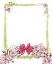 Pink Floral Wreath with Tied Bow Decorating Green Splatter Frame.