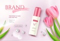Pink flower extract cosmetic ads template, realistic 3D illustration.