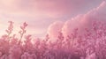 Pink Flower Field at Sunrise Pastel Sky and Clouds Royalty Free Stock Photo