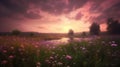 Pink flower filed with beautiful pink sky. Generative AI Royalty Free Stock Photo