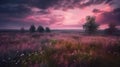 Pink flower filed with beautiful pink sky. Generative AI Royalty Free Stock Photo