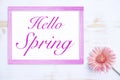 Pink flower and frame with words Hello Spring