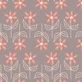 Pink flower gray pastel color seamless pattern, daisy chamomile wild flower, organic background