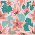 Pink flower and green leaf seamless pattern