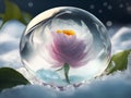 A pink flower in an ice ball. The concept of survival in extreme conditions. The generation of artificial intelligence Royalty Free Stock Photo