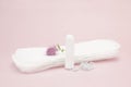 Pink flower, menstrual sanitary tampon and pads. Woman critical days, gynecological menstruation cycle. Menstruation sanitary woma