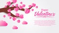 Pink flower sakura heart shape illustration paper cut style with for valentine`s day greeting card template