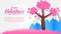 Pink flower sakura heart shape paper cut style with mountain for valentine`s day greeting card template