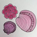 Pink flower and sea shells pen and ink drawing Royalty Free Stock Photo