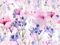 Pink flower seamless pattern.Wild flowers watercolor wallpaper. For fabric design, card Royalty Free Stock Photo