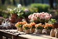 Pink flower seedlings and garden items on a wooden table