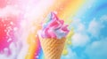 In a pink flower-shaped cone, rainbow Hawaiian Shave Ice, Shaved Ice, or Snow Cone dessert is presented on a colorful abstract