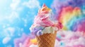 In a pink flower-shaped cone, rainbow Hawaiian Shave Ice, Shaved Ice, or Snow Cone dessert is presented on a colorful abstract