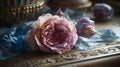 a pink flower sitting on top of a table next to a vase Royalty Free Stock Photo