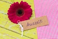 Daisy Gerbera blossom with gift tag with german word, Auszeit, means timeout or relax Royalty Free Stock Photo