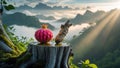 Serene Dragon Fruit Sunrise: Vibrant Tropical Fruit on Mossy Tree Stump with Misty Mountain View Royalty Free Stock Photo