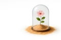 A pink flower under a glass bell in the sand. Space for text. Royalty Free Stock Photo