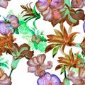 Pink Flower Wallpaper. Red Pattern Illustration. Green Seamless Design. Colorful Orchid Foliage. Purple Hibiscus Painting. Botanic Royalty Free Stock Photo