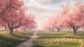Pink Flowering Trees in Spring: Rows of trees adorned with pink Royalty Free Stock Photo