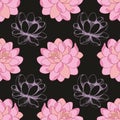 Pink flowers on a black background in combination with a hand drawing. Vector seamless pattern Royalty Free Stock Photo