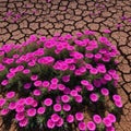 Pink flowers bloom on the dried soil. Concept - healing the Earth