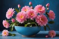 Pink Flowers in Blue Bowl on BlueWalled Surface Royalty Free Stock Photo