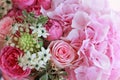 Pink flowers bouquet of roses, hydrangea, green eucalyptus leaves