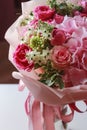 Pink flowers bouquet of roses, hydrangea, green eucalyptus leaves