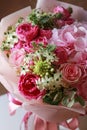 Pink flowers bouquet of roses, hydrangea, green eucalyptus leaves