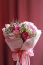 Pink flowers bouquet of roses, hydrangea, green eucalyptus leaves