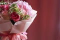 Pink flowers bouquet of roses, hydrangea, green eucalyptus leaves