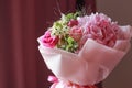 Pink flowers bouquet of roses, hydrangea, green eucalyptus leaves