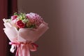 Pink flowers bouquet of roses, hydrangea, green eucalyptus leaves