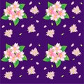 Pink flowers, bouquets and petals on a purple background - seamless vector pattern. Flowers leaves and petals - spring background. Royalty Free Stock Photo