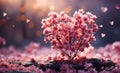 Pink flowers, cherry blossoms or sakura heart shapes on petals. beautiful heart bokeh nature background. Generative Ai.