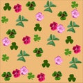 Pink flowers and clover green leaves background