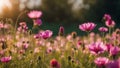 pink flowers in the field pink cosmos flowers in the sun Royalty Free Stock Photo