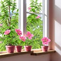 Pink flowers on a flower pot over a shelf next to a window with great views