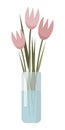 Pink flowers in a glass vase. Tulips in vase with water. Minimalistic illustration with abstract flowers. Vector