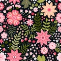 Pink flowers and green leaves on black background. Cute floral ditsy seamless pattern. Textile print, fabric swatch