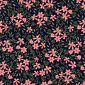 Pink flowers green leaves Walking through meadows night vector seamless pattern with hand drawn elements.