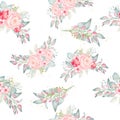 Pink flowers and green leaves. Watercolor seamless pattern floral bouquet greenery clipart Royalty Free Stock Photo