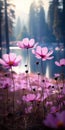 Romantic Cosmos Flowers Blooming Near A Lake With Ethereal Light