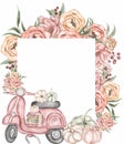 Pink Flowers and Pumpkin, books and scooter wreath Clipart, Watercolor Caramel flowers and greenery frame illustration, Vintage